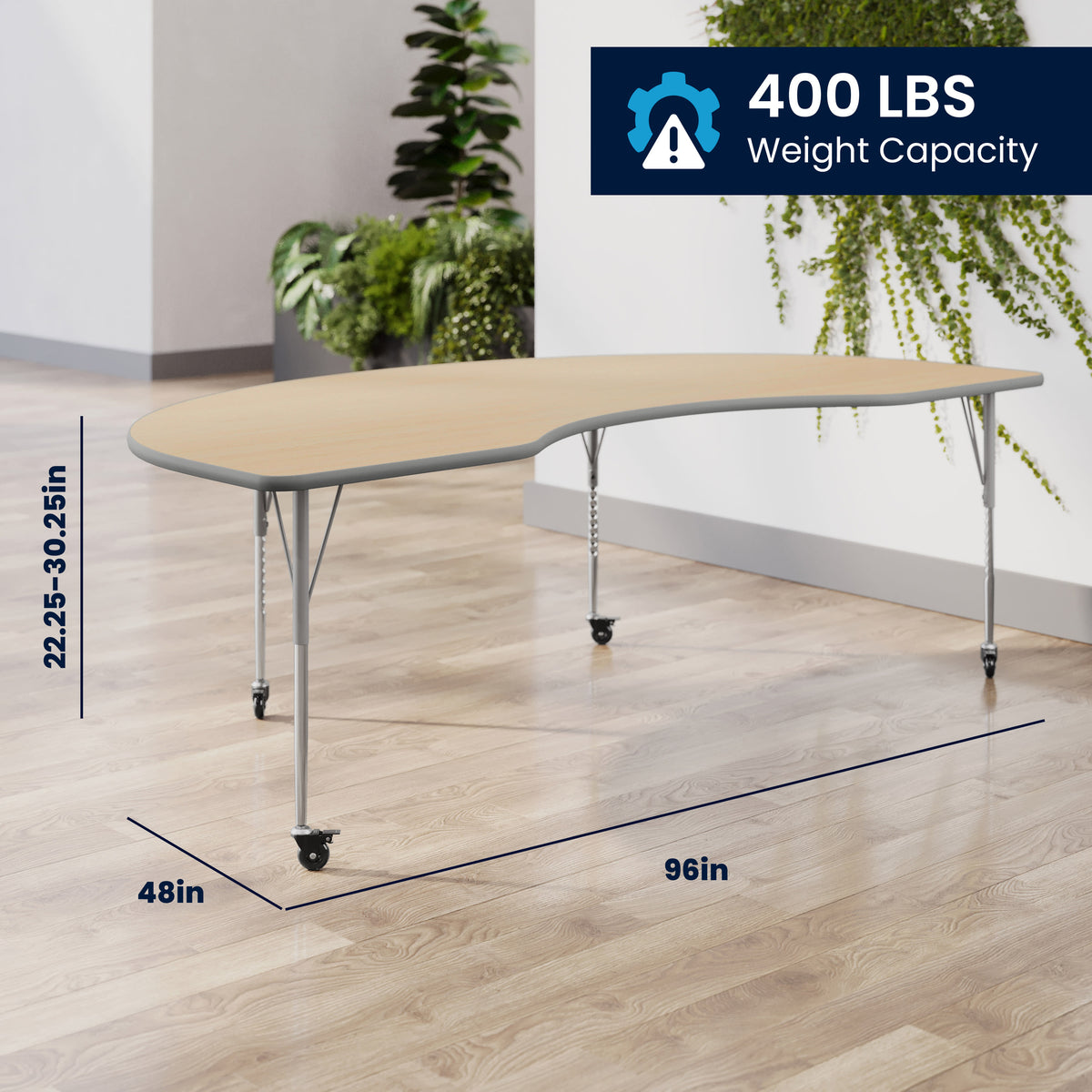 Light Natural Top/Silver Frame |#| Commercial Adjustable Height Kidney Activity Table with Locking Casters-LT NAT