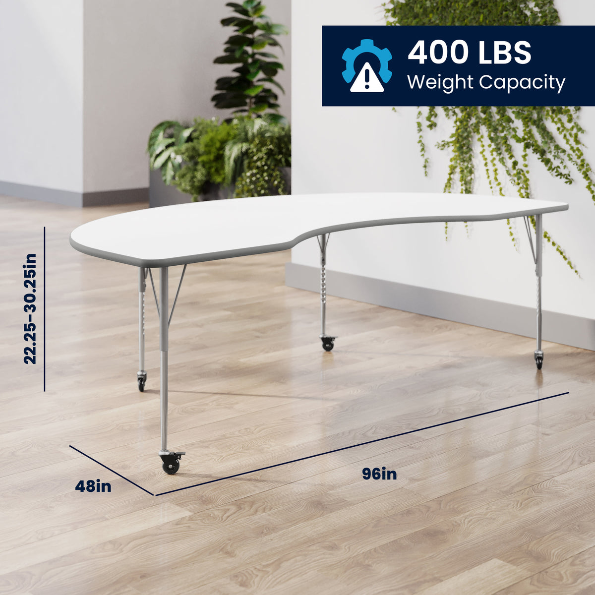 White Top/Silver Frame |#| Commercial Adjustable Height Kidney Activity Table with Locking Casters-White
