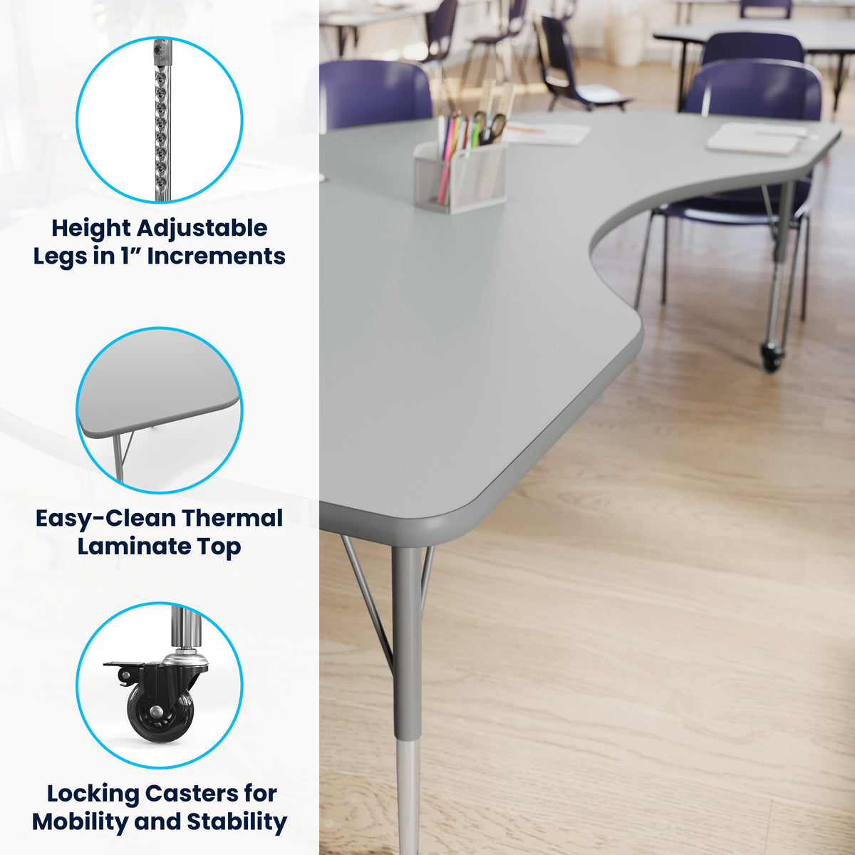 Gray Top/Silver Frame |#| Commercial Adjustable Height Kidney Activity Table with Locking Casters-Gray