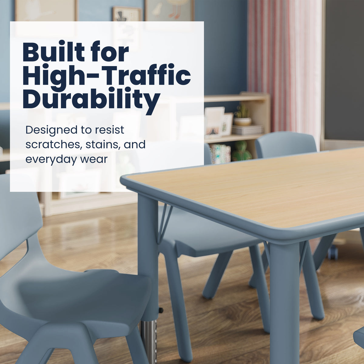 Natural Woodgrain/Dusty Blue |#| Plastic Adjustable Height Classroom Activity Table-Natural/Dusty BL, 47.25x23.5