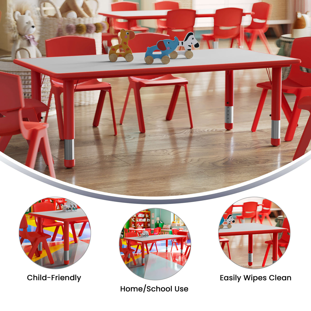 Red |#| 23.625"W x 47.25"L Rectangular Red Plastic Activity Table with Grey Top