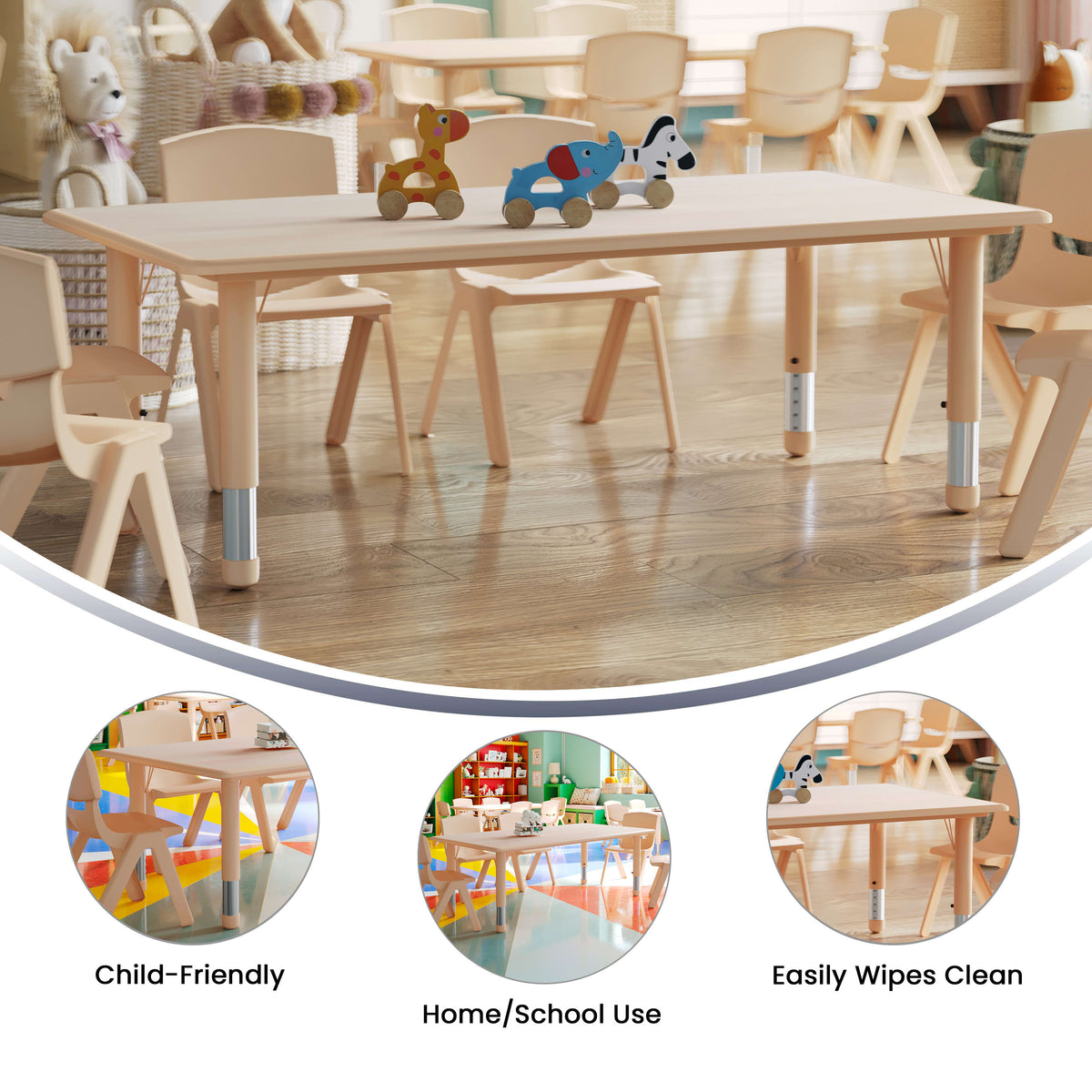 Natural |#| 23.625"W x 47.25"L Natural Plastic Adjustable Activity Table-School Table for 6
