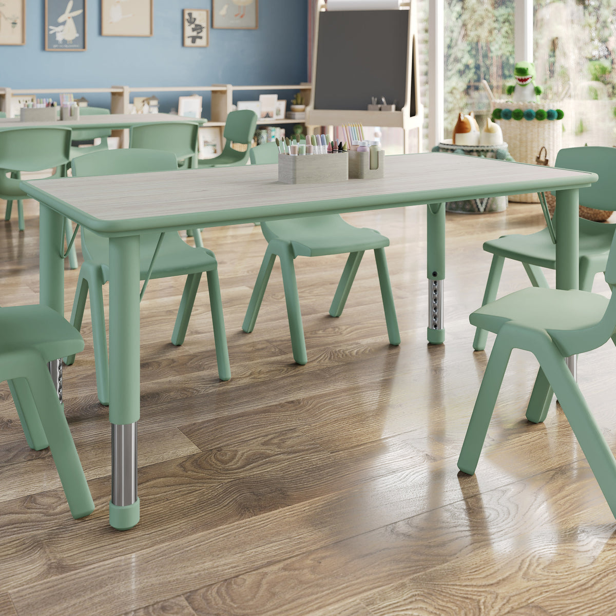 Light Gray Woodgrain/Sage |#| Plastic Adjustable Height Classroom Activity Table-Light Gray/Sage, 47.25x23.5