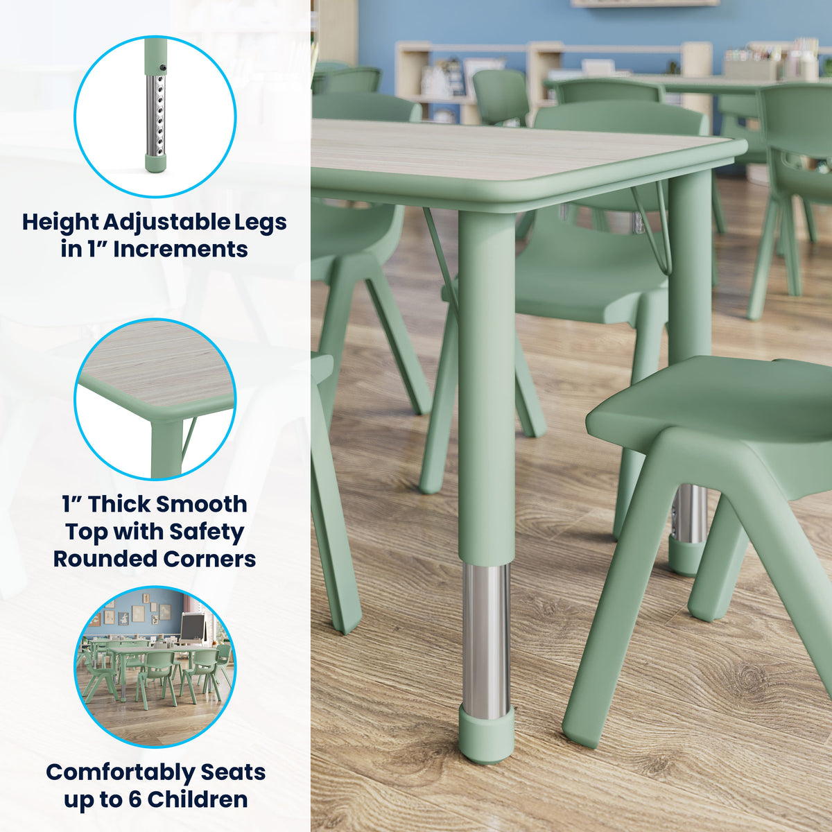 Light Gray Woodgrain/Sage |#| Plastic Adjustable Height Classroom Activity Table-Light Gray/Sage, 47.25x23.5