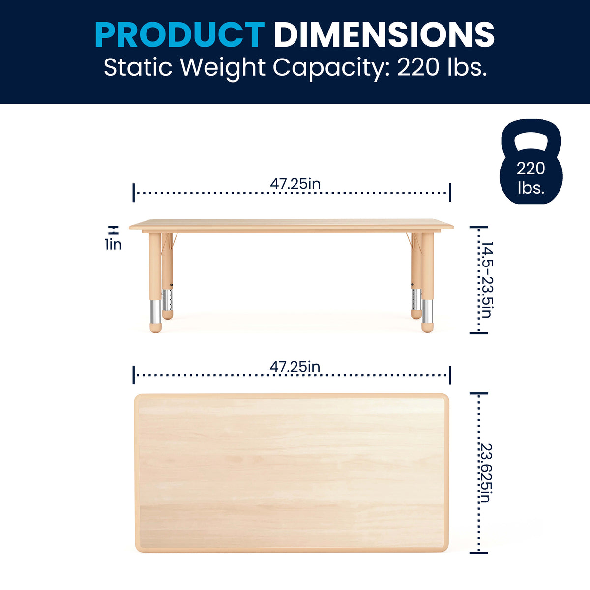 Natural |#| 23.625"W x 47.25"L Natural Plastic Adjustable Activity Table-School Table for 6