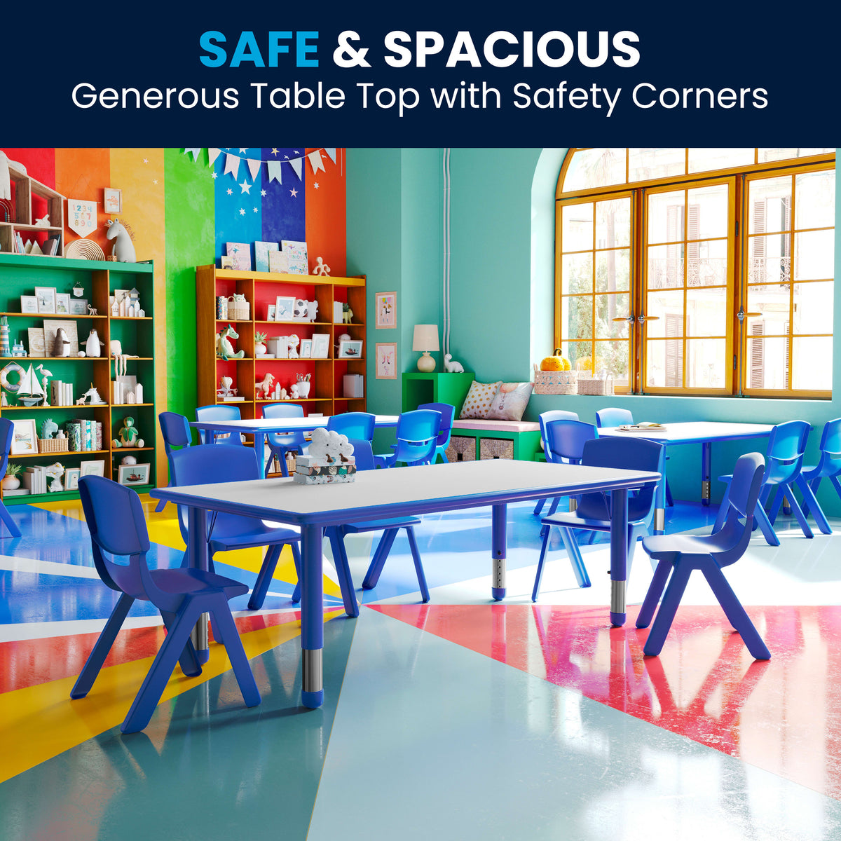 Blue |#| 23.625"W x 47.25"L Rectangular Blue Plastic Activity Table with Grey Top