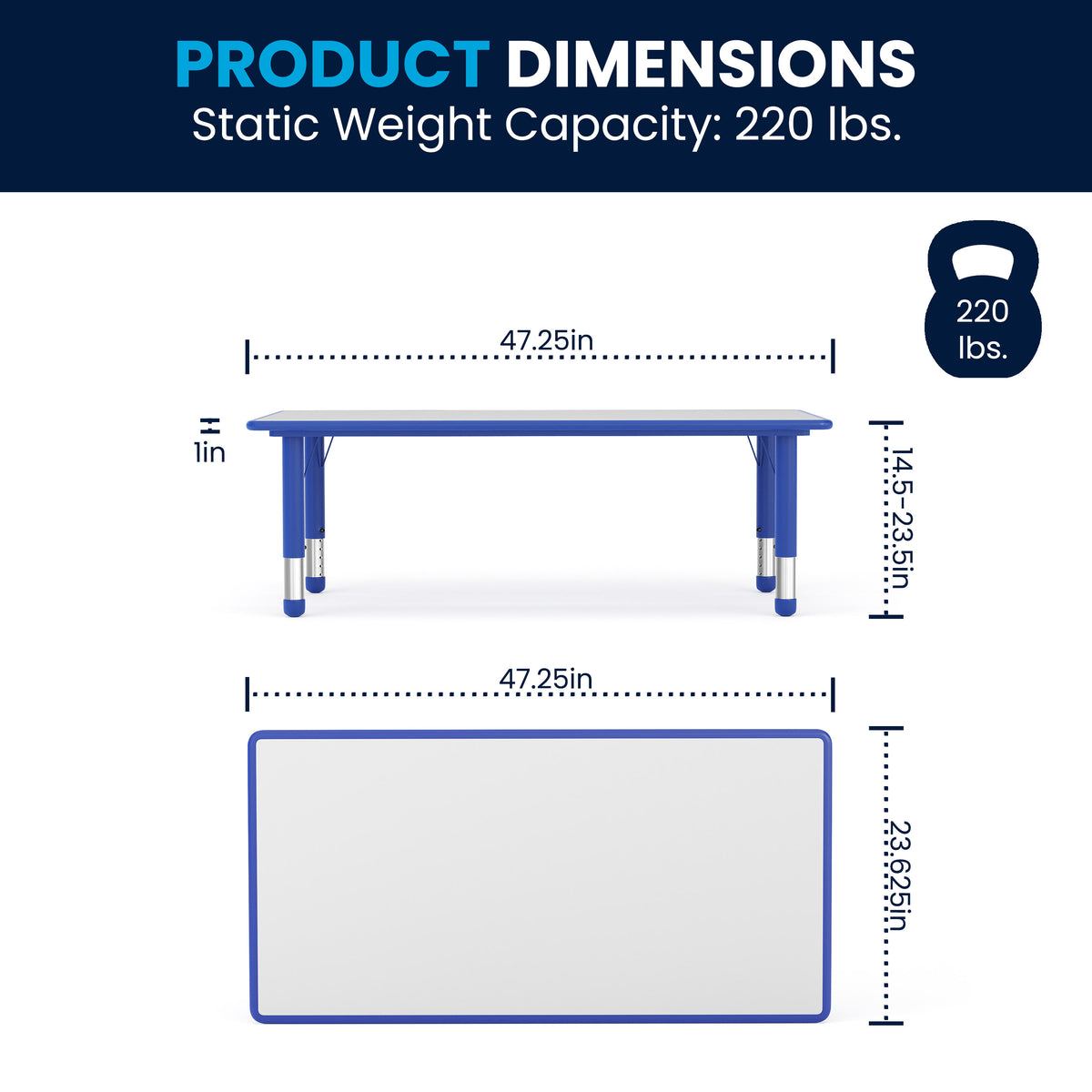 Blue |#| 23.625"W x 47.25"L Rectangular Blue Plastic Activity Table with Grey Top