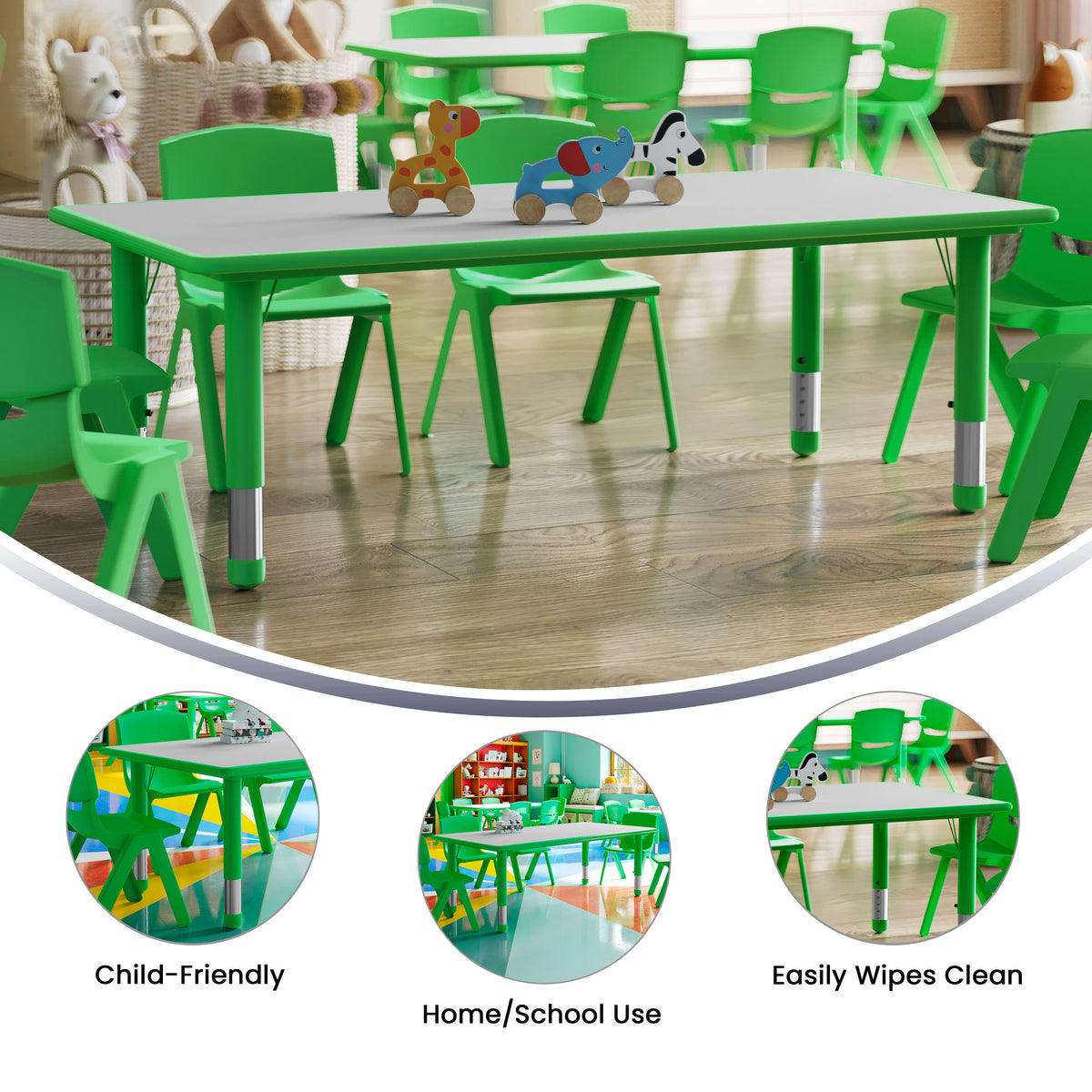Green |#| 23.625"W x 47.25"L Rectangular Green Plastic Activity Table with Grey Top