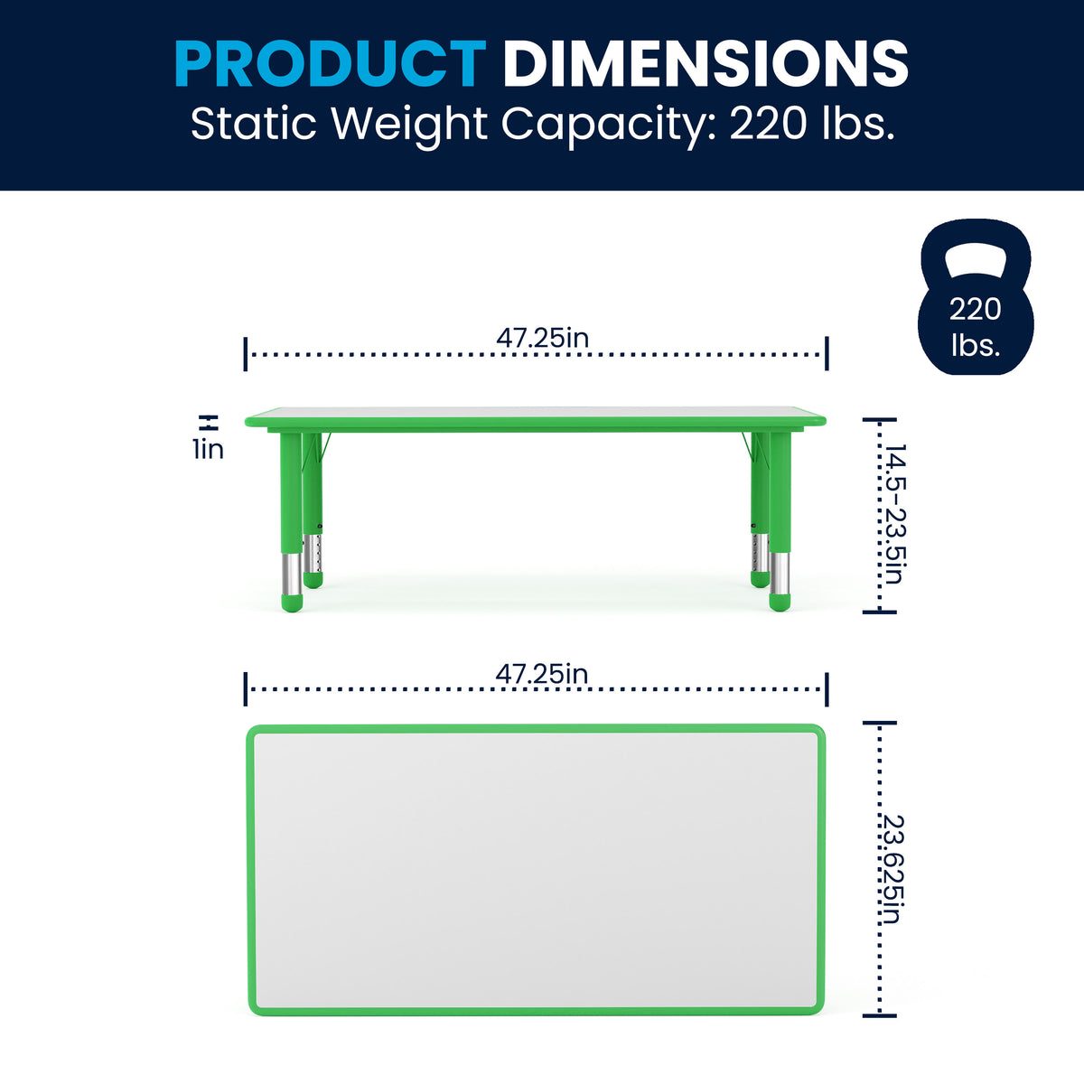 Green |#| 23.625"W x 47.25"L Rectangular Green Plastic Activity Table with Grey Top