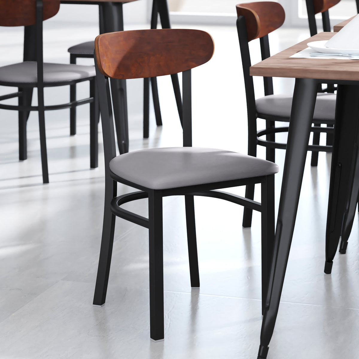 Walnut Wood Back/Gray Vinyl Seat |#| Commercial Metal Dining Chair - Vinyl Seat - Wood Boomerang Back-Gray/Walnut