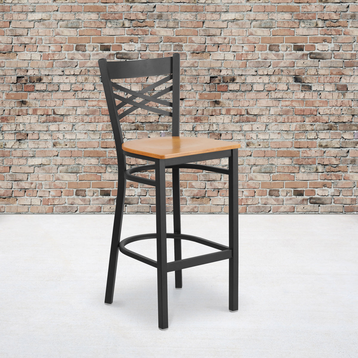 Natural Wood Seat/Black Metal Frame |#| Black "X" Back Metal Restaurant Barstool - Natural Wood Seat