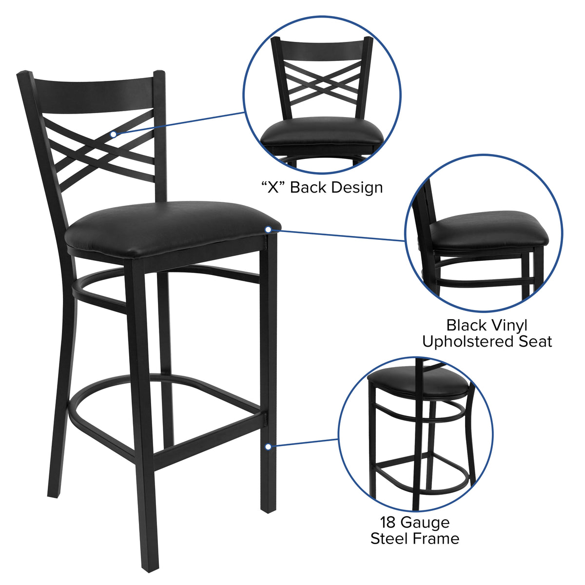 Black Vinyl Seat/Black Metal Frame |#| Black "X" Back Metal Restaurant Barstool - Black Vinyl Seat