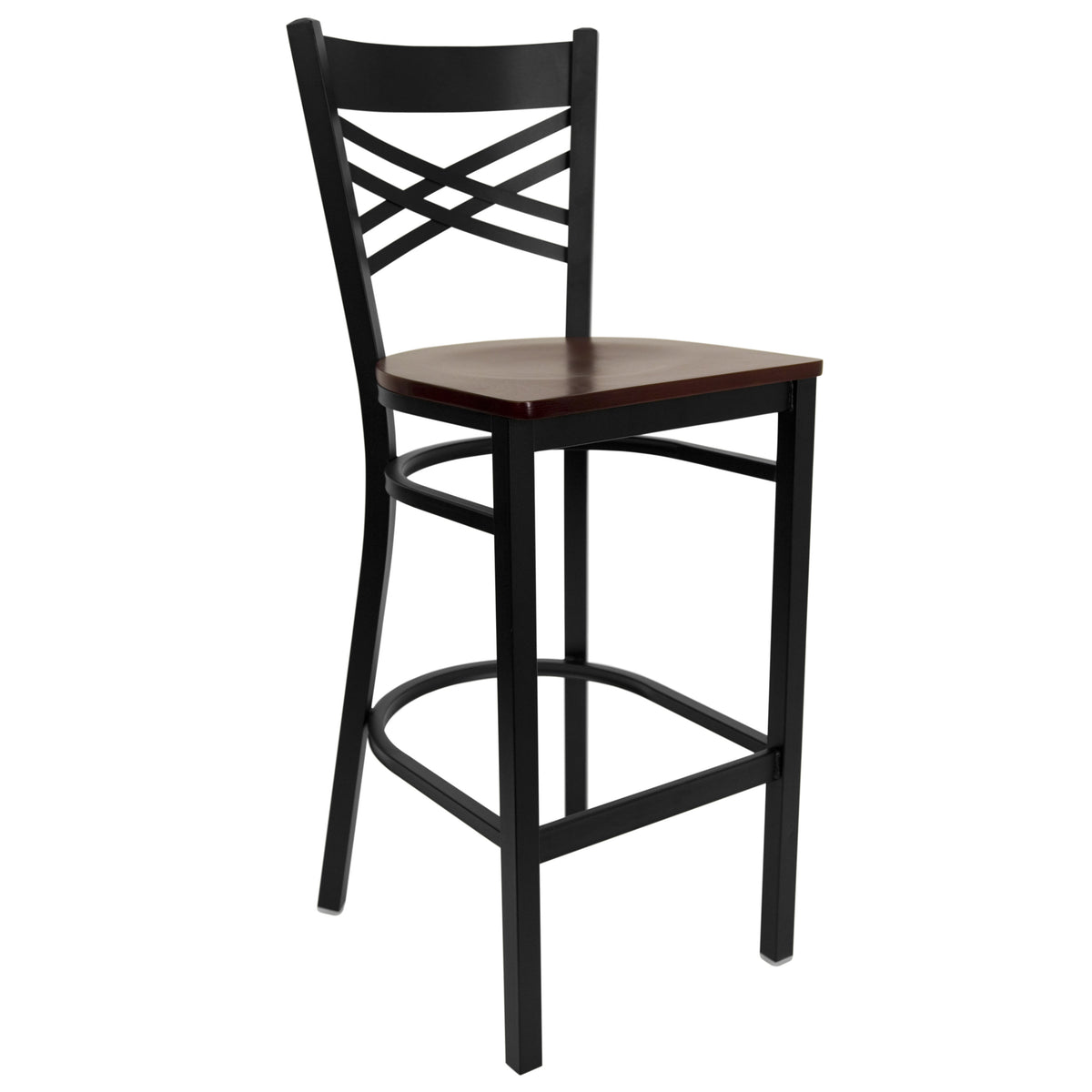Mahogany Wood Seat/Black Metal Frame |#| Black "X" Back Metal Restaurant Barstool - Mahogany Wood Seat