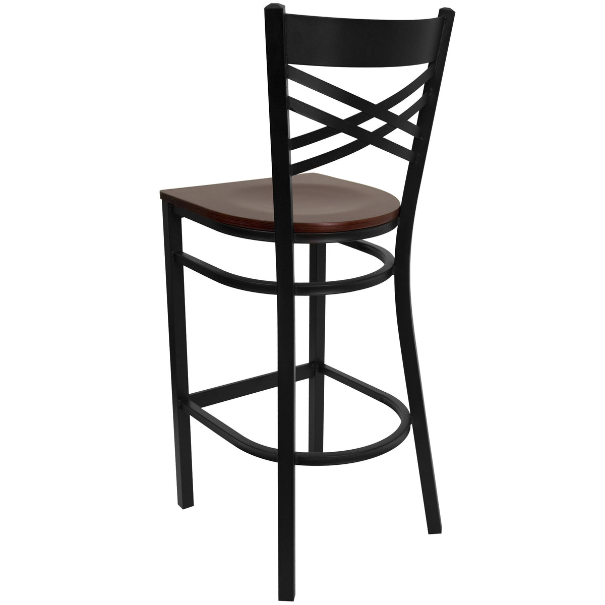 Mahogany Wood Seat/Black Metal Frame |#| Black "X" Back Metal Restaurant Barstool - Mahogany Wood Seat