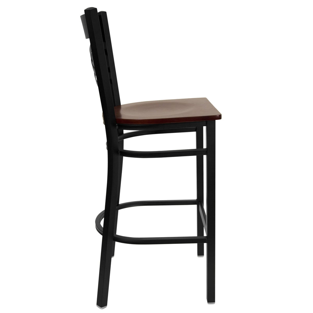 Mahogany Wood Seat/Black Metal Frame |#| Black "X" Back Metal Restaurant Barstool - Mahogany Wood Seat