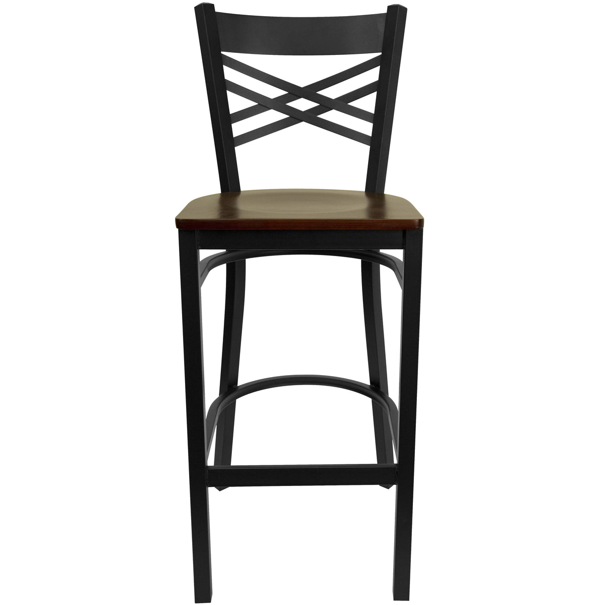 Mahogany Wood Seat/Black Metal Frame |#| Black "X" Back Metal Restaurant Barstool - Mahogany Wood Seat