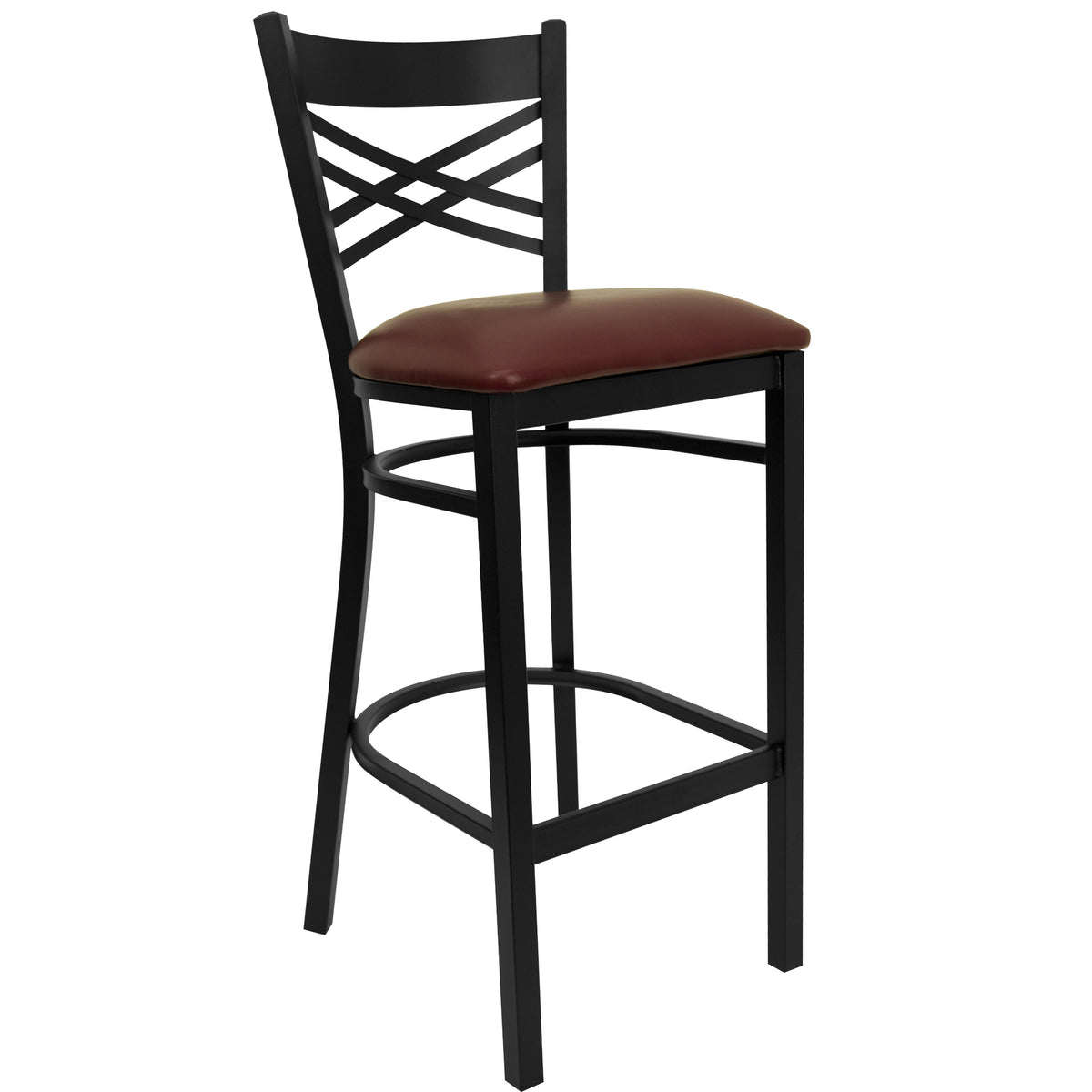 Burgundy Vinyl Seat/Black Metal Frame |#| Black "X" Back Metal Restaurant Barstool - Burgundy Vinyl Seat