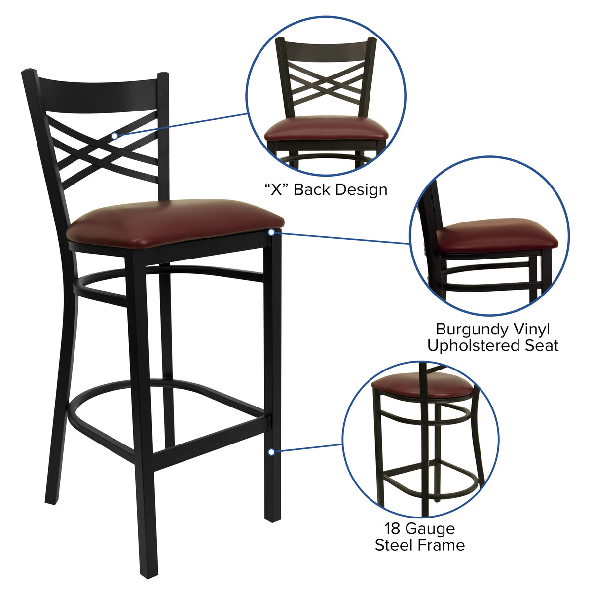 Burgundy Vinyl Seat/Black Metal Frame |#| Black "X" Back Metal Restaurant Barstool - Burgundy Vinyl Seat