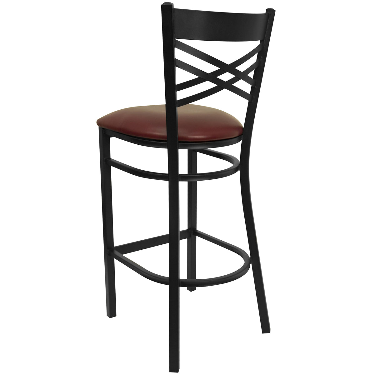 Burgundy Vinyl Seat/Black Metal Frame |#| Black "X" Back Metal Restaurant Barstool - Burgundy Vinyl Seat