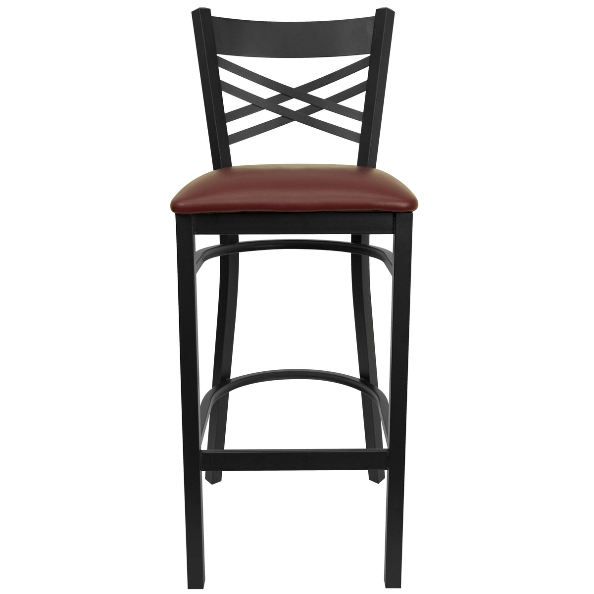 Burgundy Vinyl Seat/Black Metal Frame |#| Black "X" Back Metal Restaurant Barstool - Burgundy Vinyl Seat