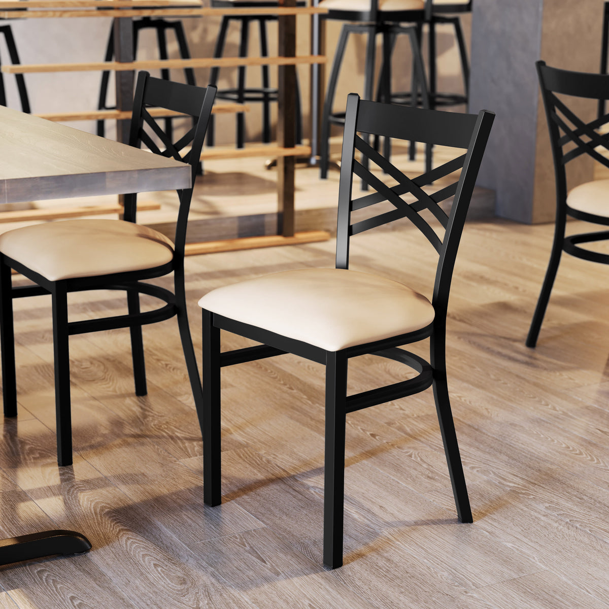 Tan Vinyl Seat/Black Metal Frame |#| Commercial Black X-Back Metal Restaurant Chair with Tan Vinyl Seat