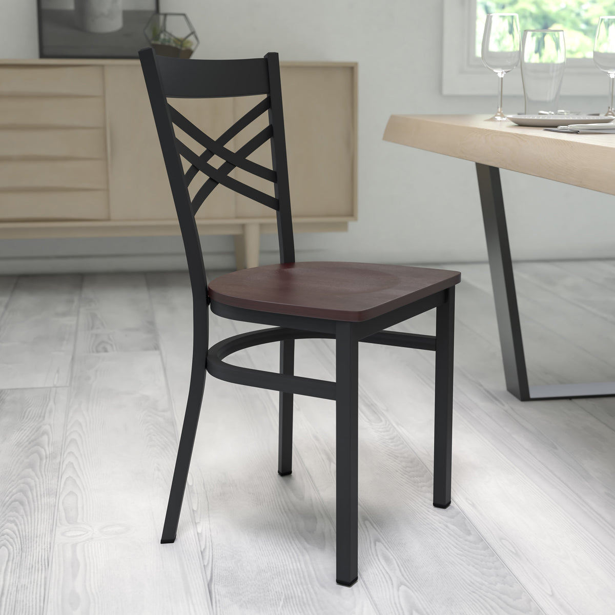 Walnut Wood Seat/Black Metal Frame |#| Black "X" Back Metal Restaurant Chair - Walnut Wood Seat