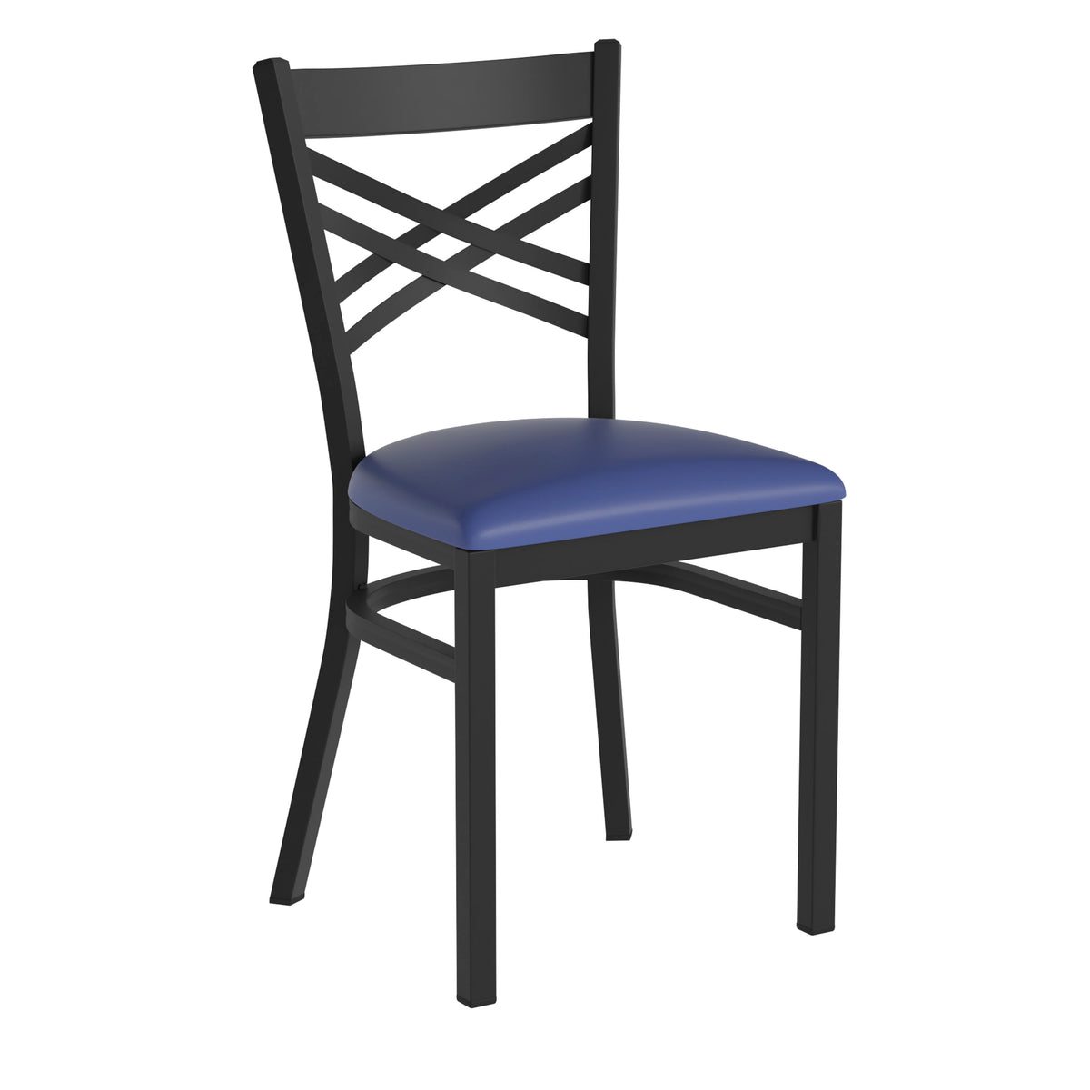 Blue Vinyl Seat/Black Metal Frame |#| Black "X" Back Metal Restaurant Chair - Blue Vinyl Seat