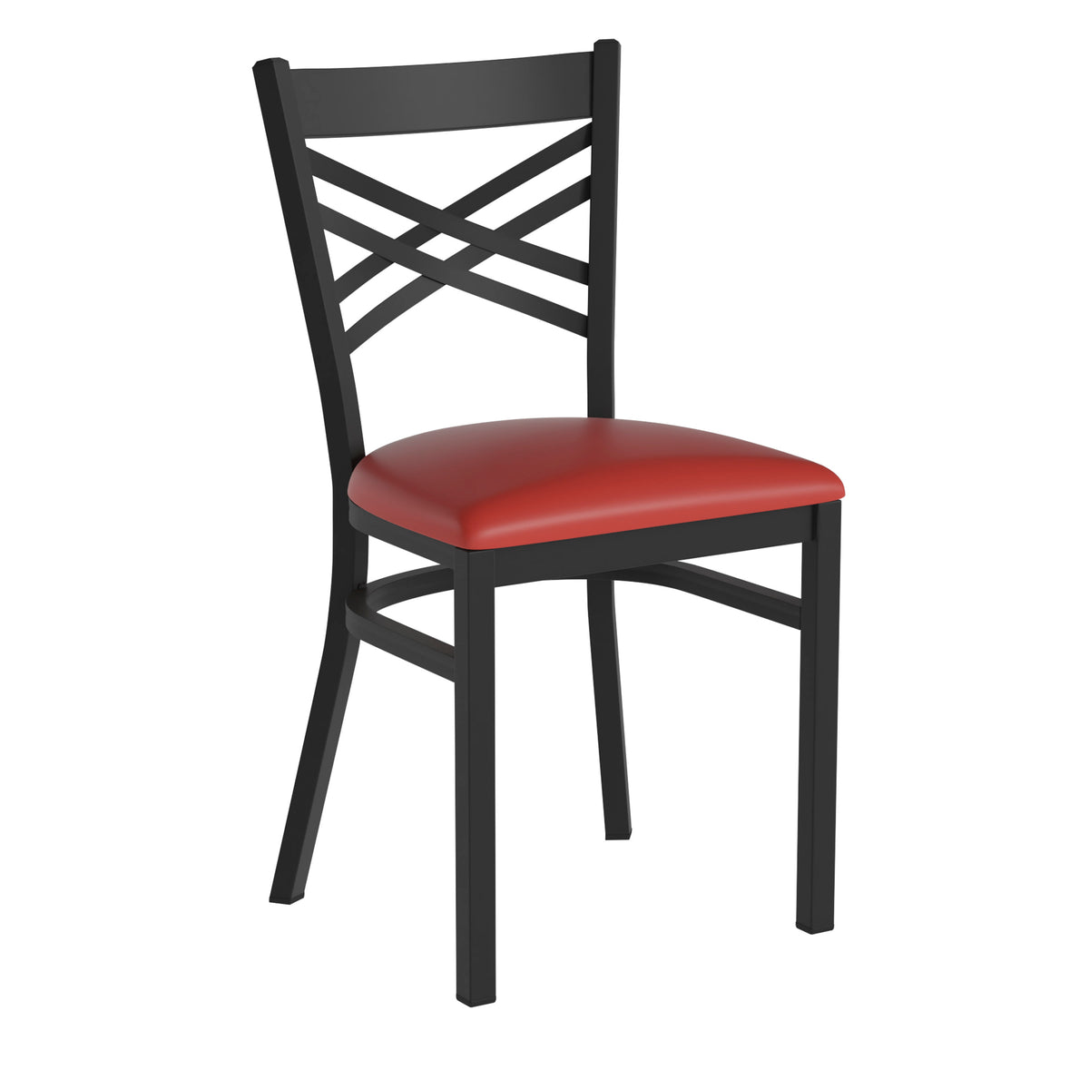Red Vinyl Seat/Black Metal Frame |#| Black "X" Back Metal Restaurant Chair - Red Vinyl Seat