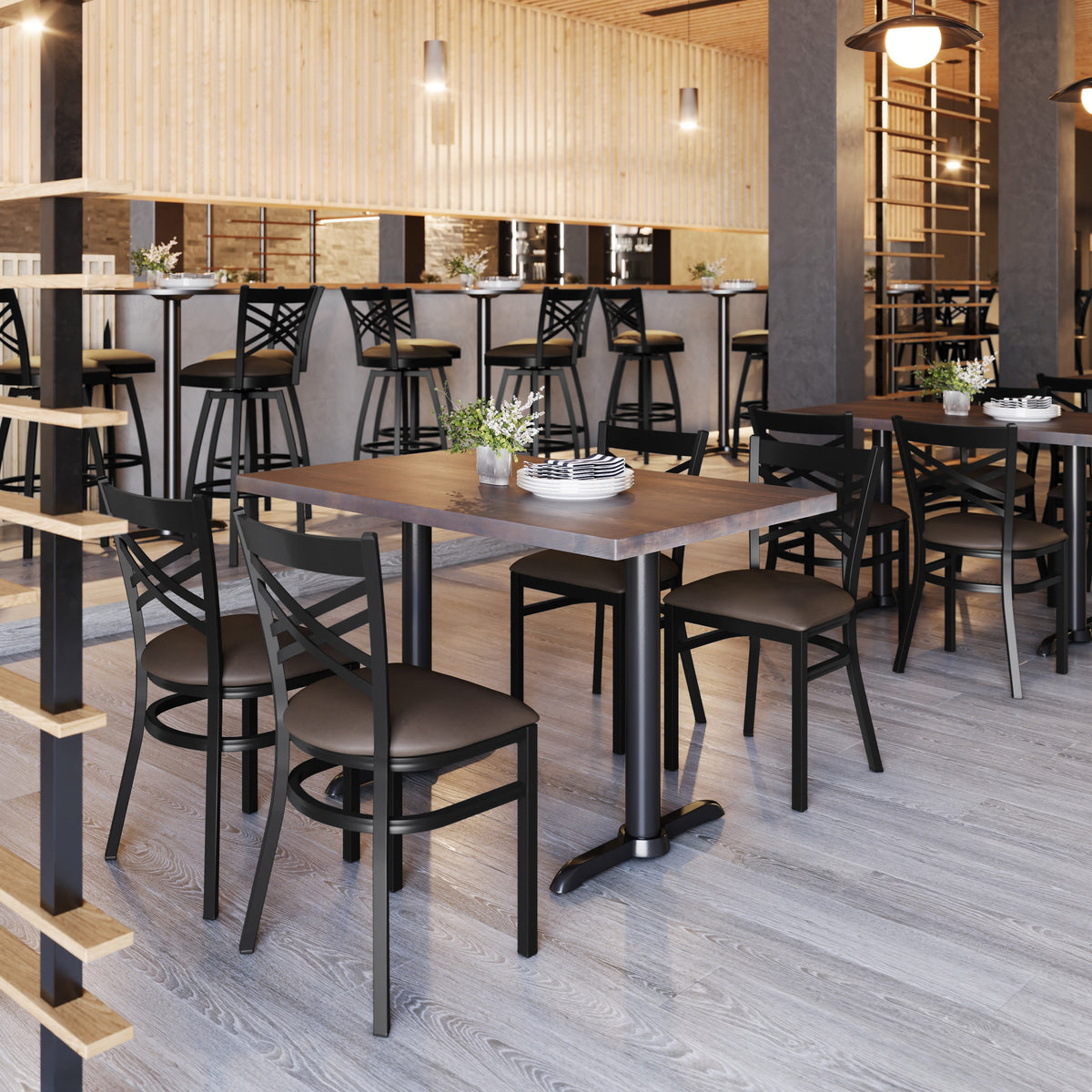 Mocha Vinyl Seat/Black Metal Frame |#| Commercial Black X-Back Metal Restaurant Chair with Mocha Vinyl Seat