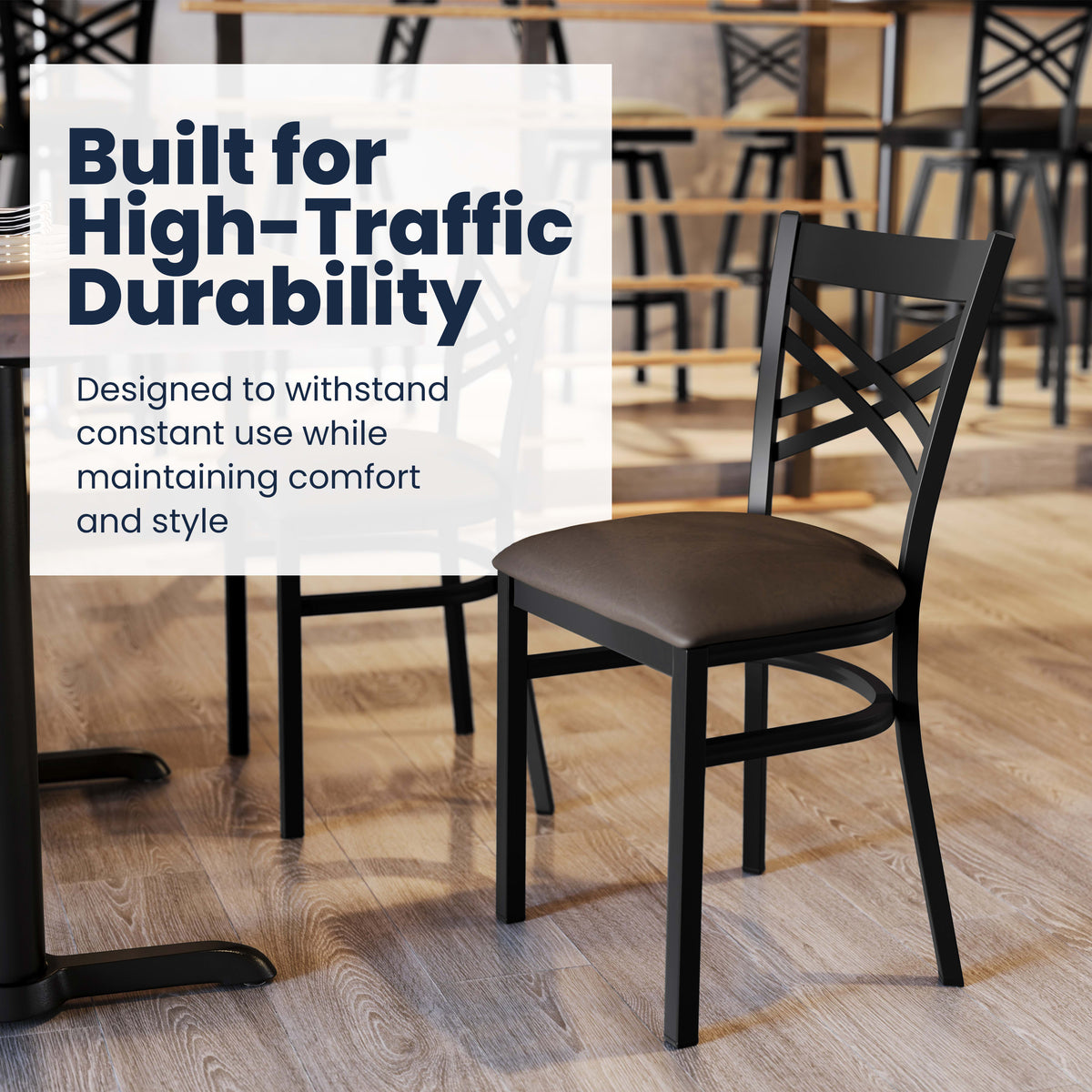 Mocha Vinyl Seat/Black Metal Frame |#| Commercial Black X-Back Metal Restaurant Chair with Mocha Vinyl Seat