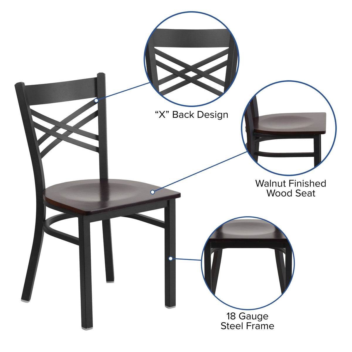 Walnut Wood Seat/Black Metal Frame |#| Black "X" Back Metal Restaurant Chair - Walnut Wood Seat