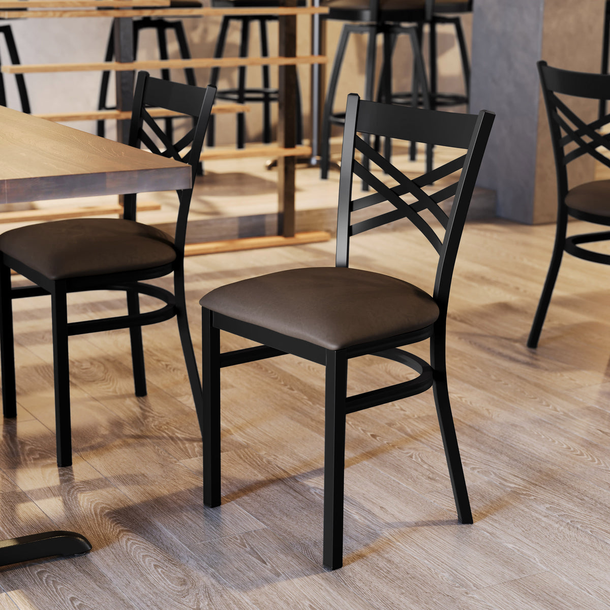 Mocha Vinyl Seat/Black Metal Frame |#| Commercial Black X-Back Metal Restaurant Chair with Mocha Vinyl Seat