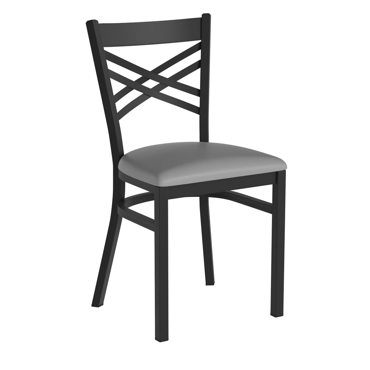 Gray Vinyl Seat/Black Metal Frame |#| Black "X" Back Metal Restaurant Chair - Gray Vinyl Seat