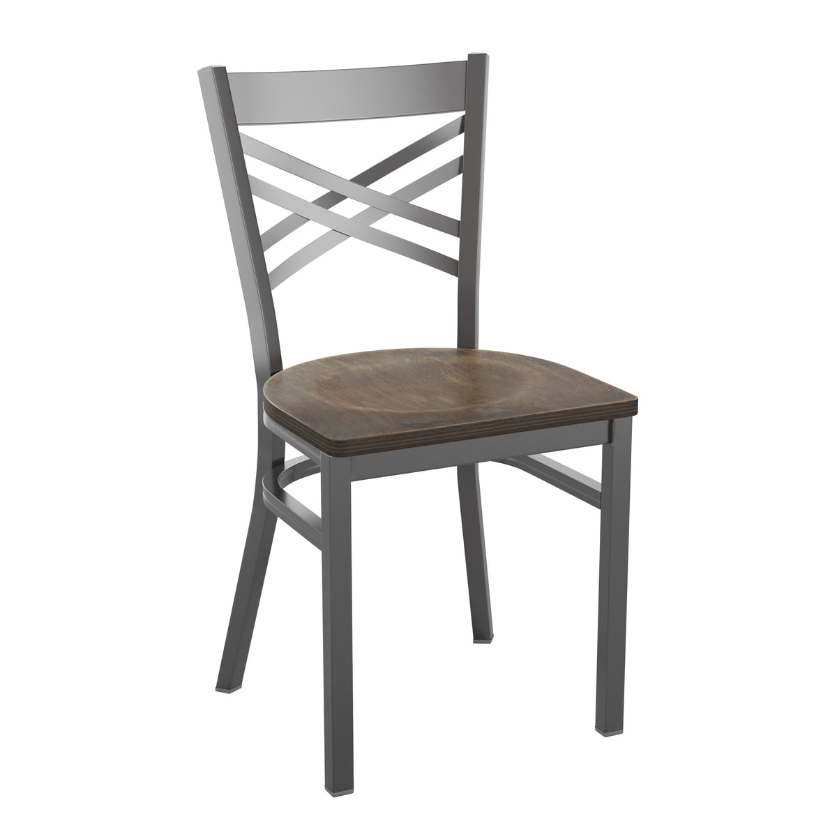 Antique Copper Wood Seat/Black Metal Frame |#| Black "X" Back Metal Restaurant Chair - Antique Copper Wood Seat