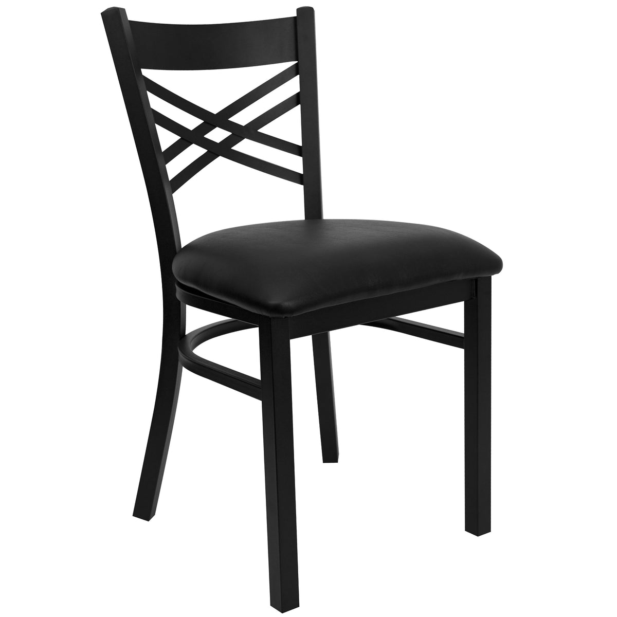 Black Vinyl Seat/Black Metal Frame |#| Black "X" Back Metal Restaurant Chair - Black Vinyl Seat