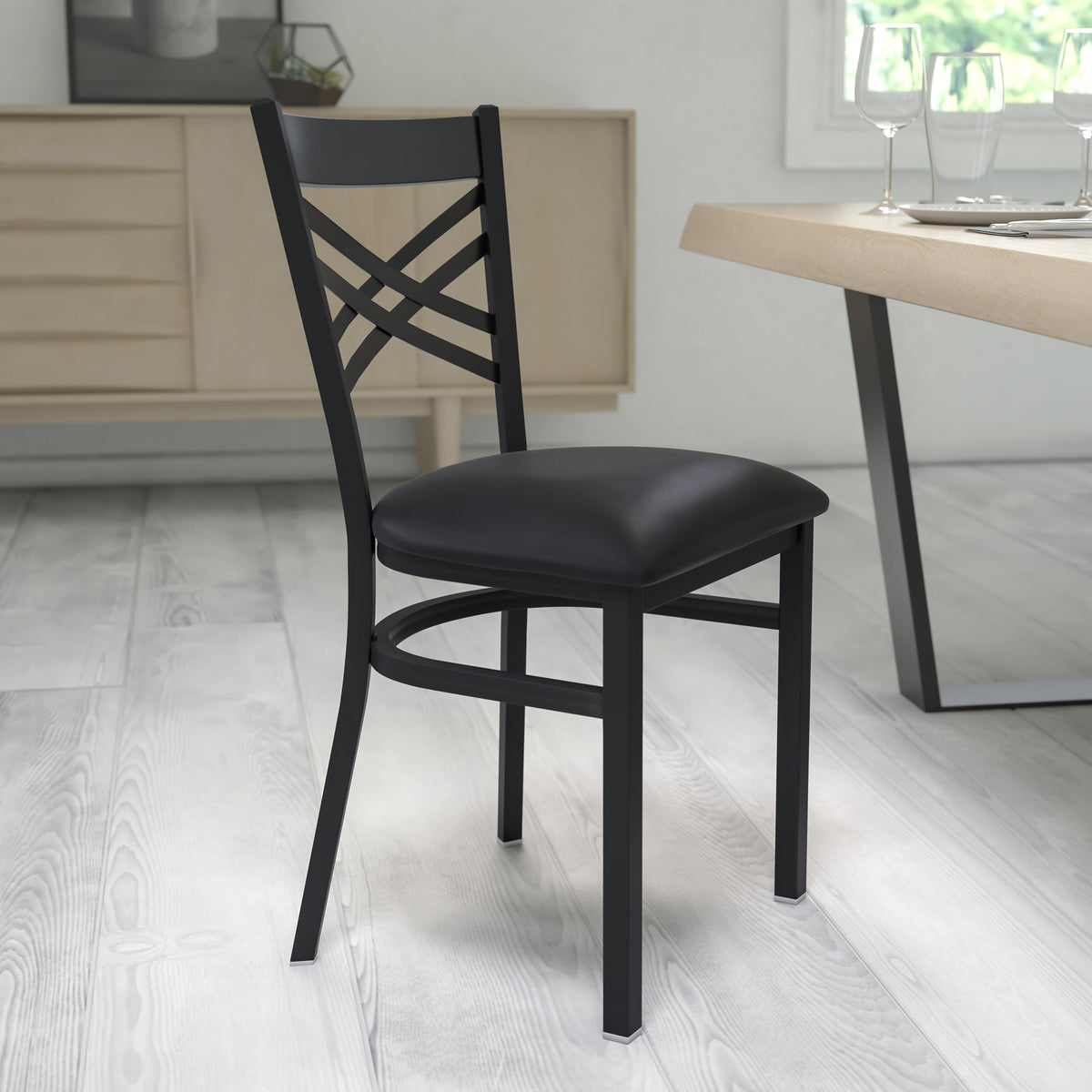 Black Vinyl Seat/Black Metal Frame |#| Black "X" Back Metal Restaurant Chair - Black Vinyl Seat