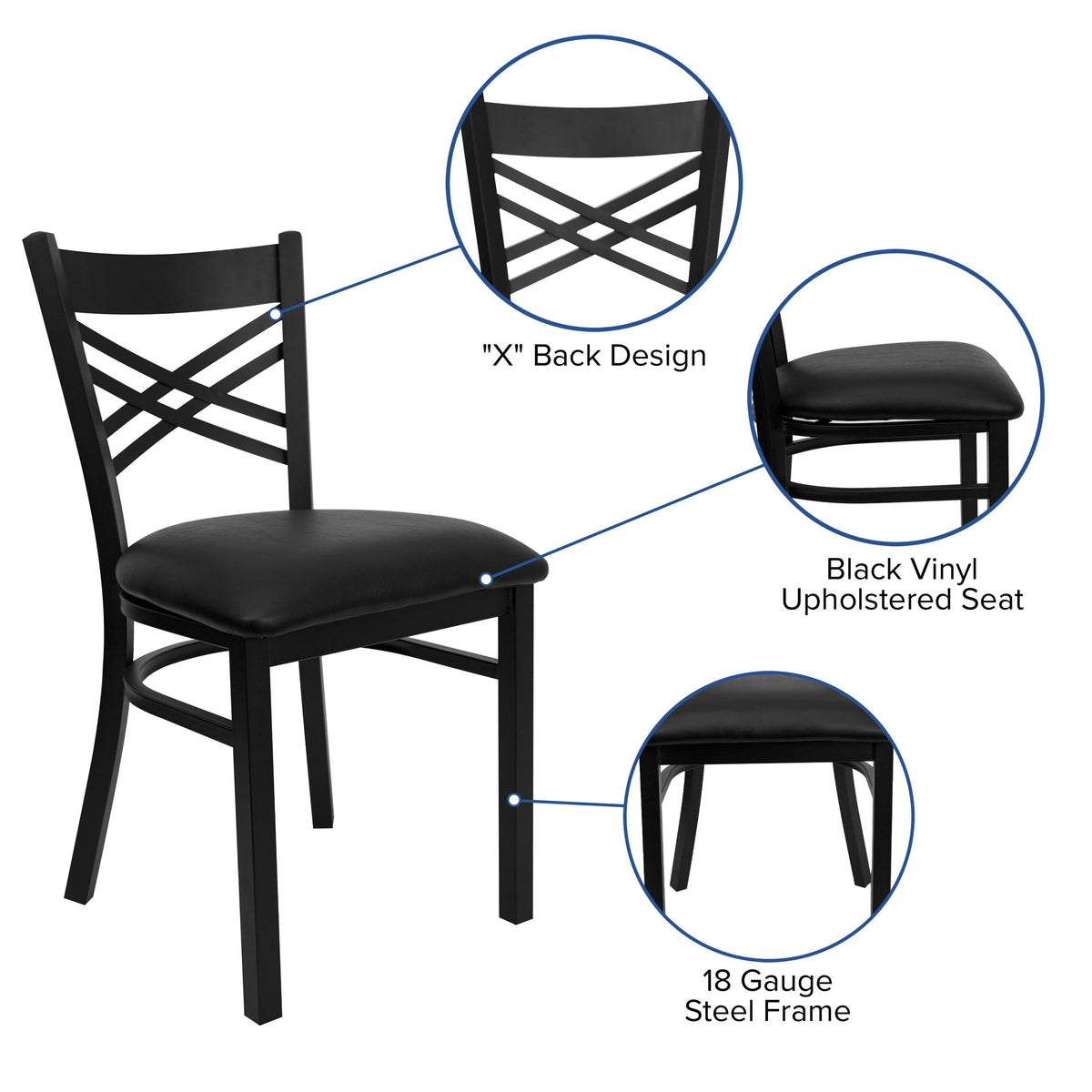 Black Vinyl Seat/Black Metal Frame |#| Black "X" Back Metal Restaurant Chair - Black Vinyl Seat