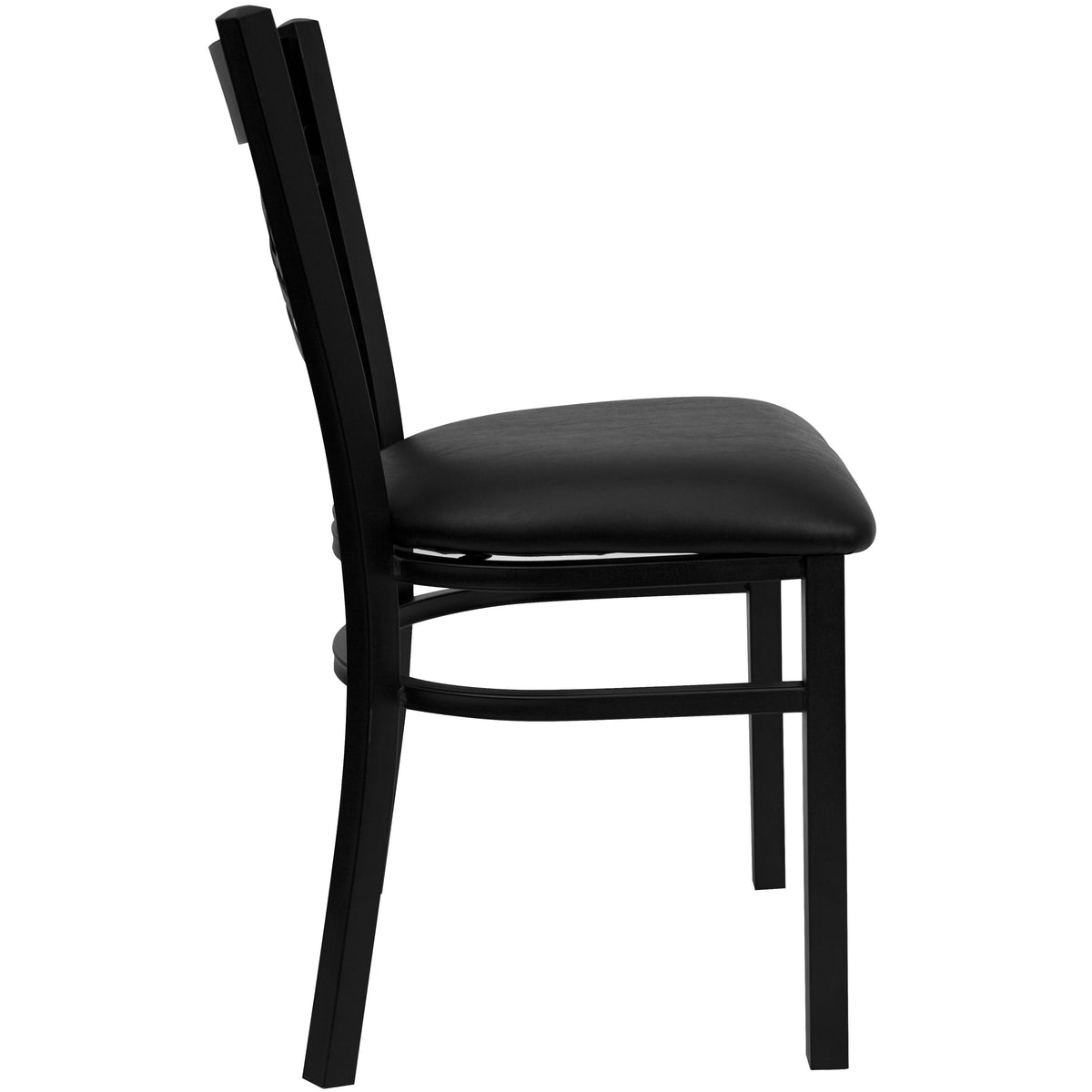 Black Vinyl Seat/Black Metal Frame |#| Black "X" Back Metal Restaurant Chair - Black Vinyl Seat