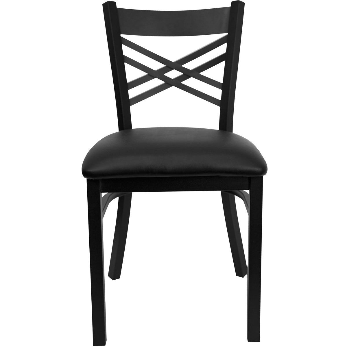 Black Vinyl Seat/Black Metal Frame |#| Black "X" Back Metal Restaurant Chair - Black Vinyl Seat