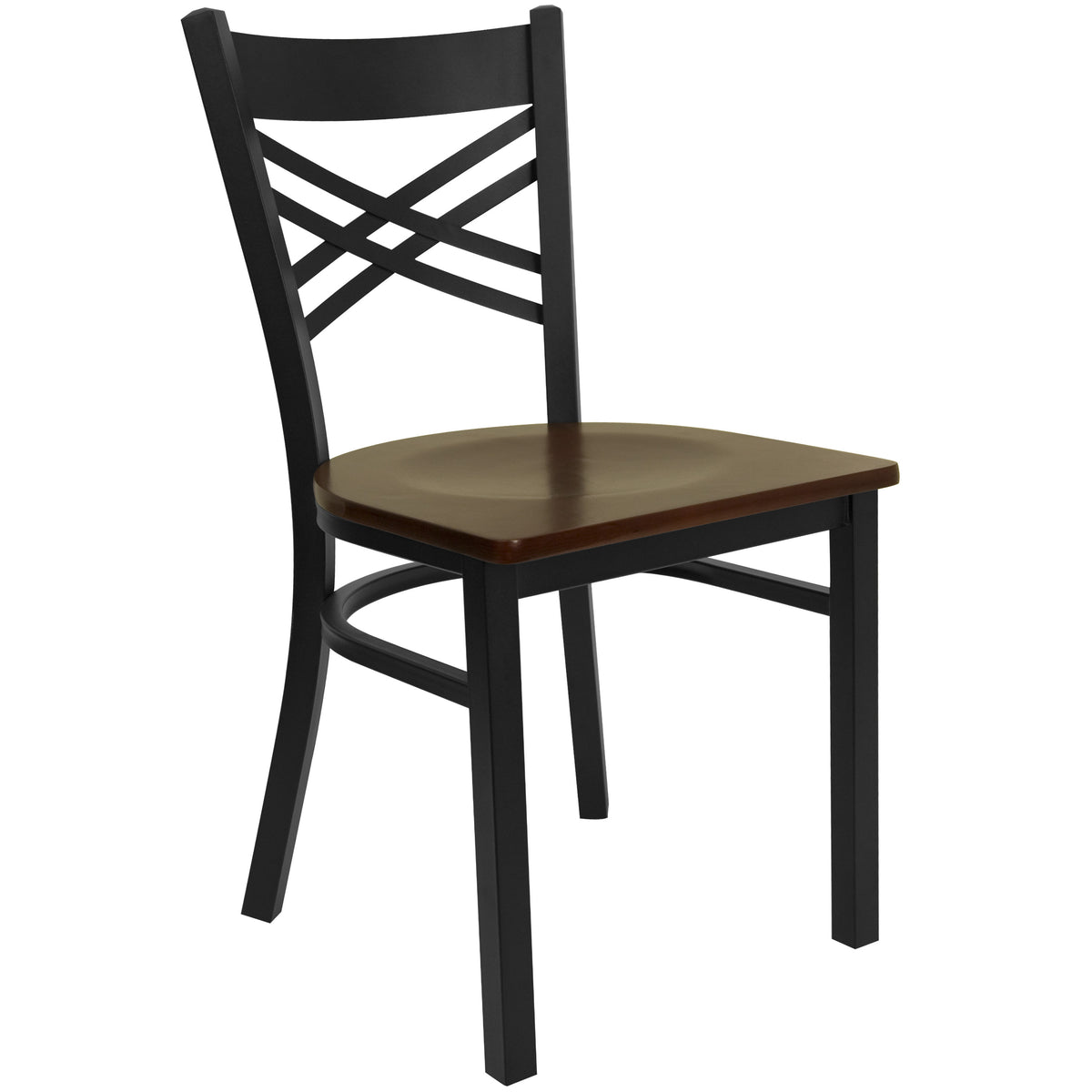 Mahogany Wood Seat/Black Metal Frame |#| Black "X" Back Metal Restaurant Chair - Mahogany Wood Seat