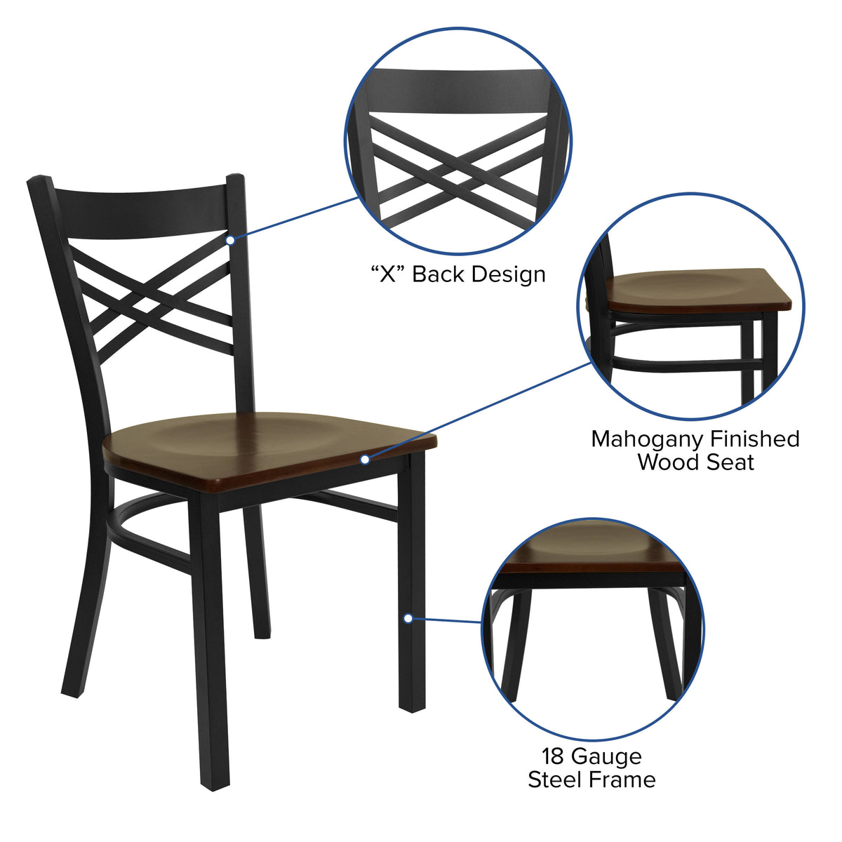 Mahogany Wood Seat/Black Metal Frame |#| Black "X" Back Metal Restaurant Chair - Mahogany Wood Seat