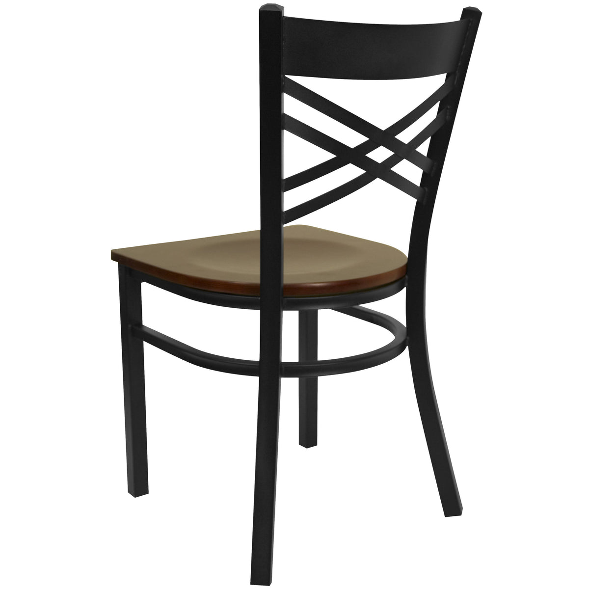 Mahogany Wood Seat/Black Metal Frame |#| Black "X" Back Metal Restaurant Chair - Mahogany Wood Seat