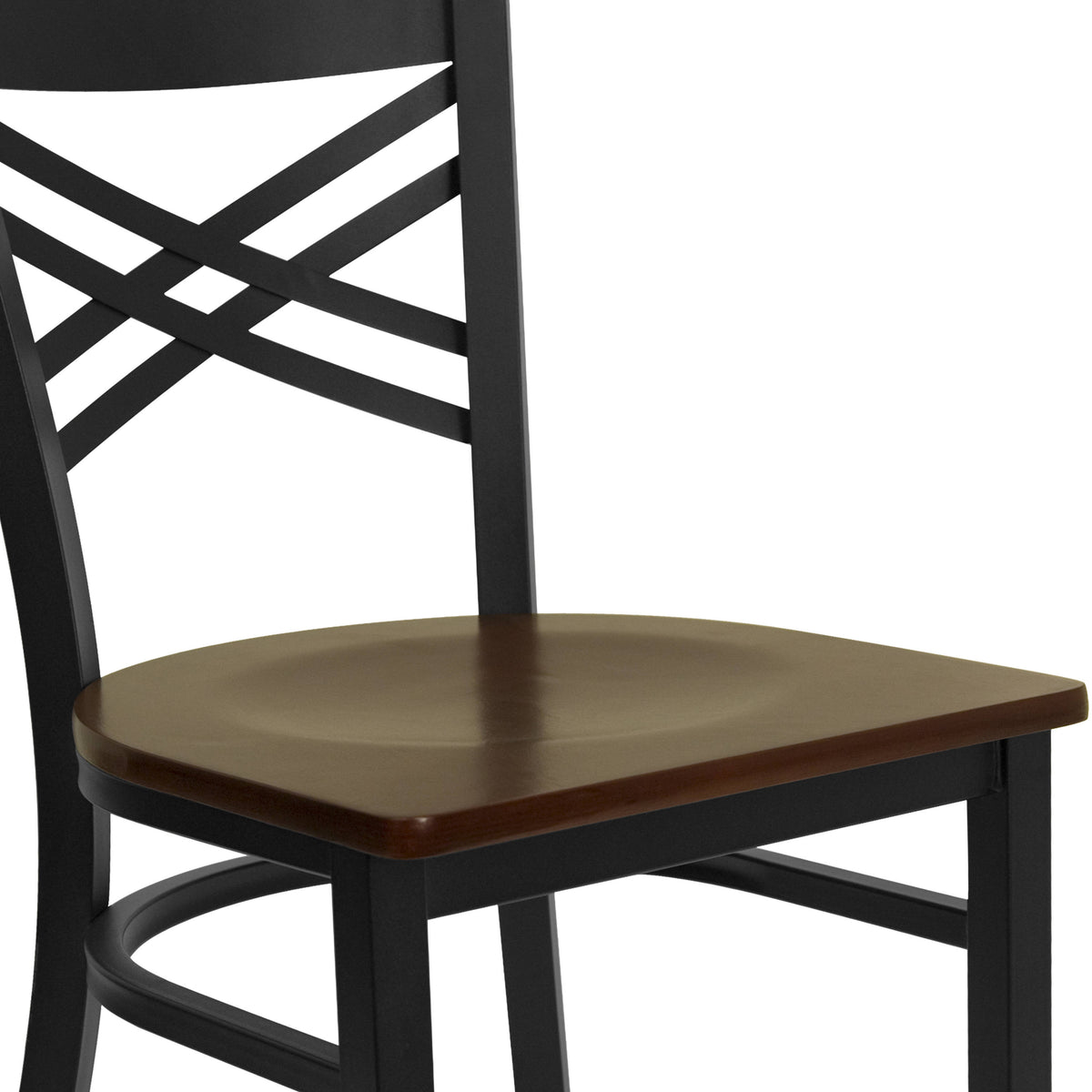 Mahogany Wood Seat/Black Metal Frame |#| Black "X" Back Metal Restaurant Chair - Mahogany Wood Seat