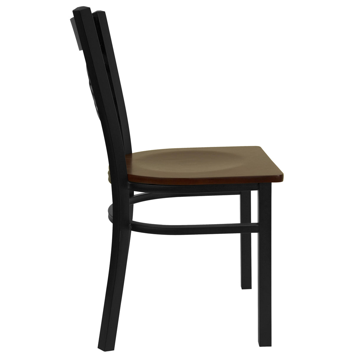 Mahogany Wood Seat/Black Metal Frame |#| Black "X" Back Metal Restaurant Chair - Mahogany Wood Seat
