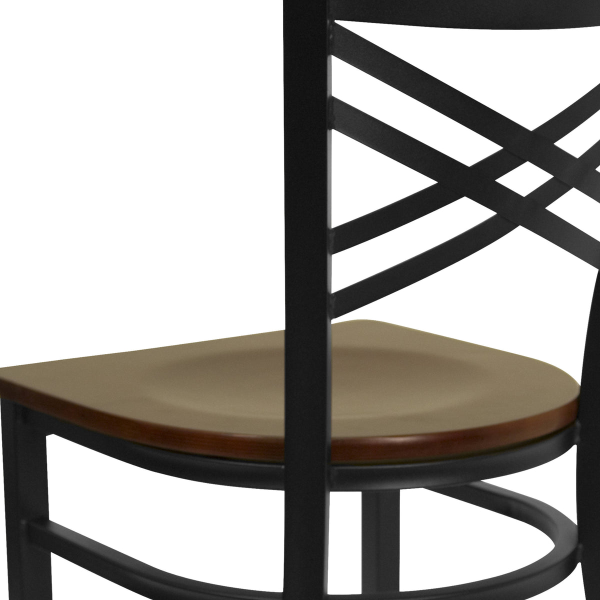 Mahogany Wood Seat/Black Metal Frame |#| Black "X" Back Metal Restaurant Chair - Mahogany Wood Seat