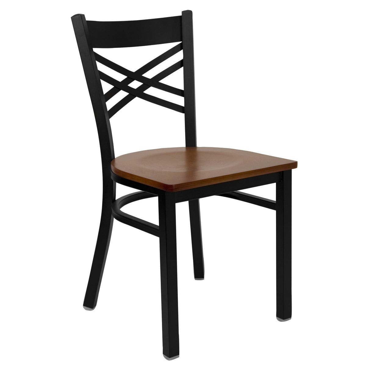 Cherry Wood Seat/Black Metal Frame |#| Black "X" Back Metal Restaurant Chair - Cherry Wood Seat