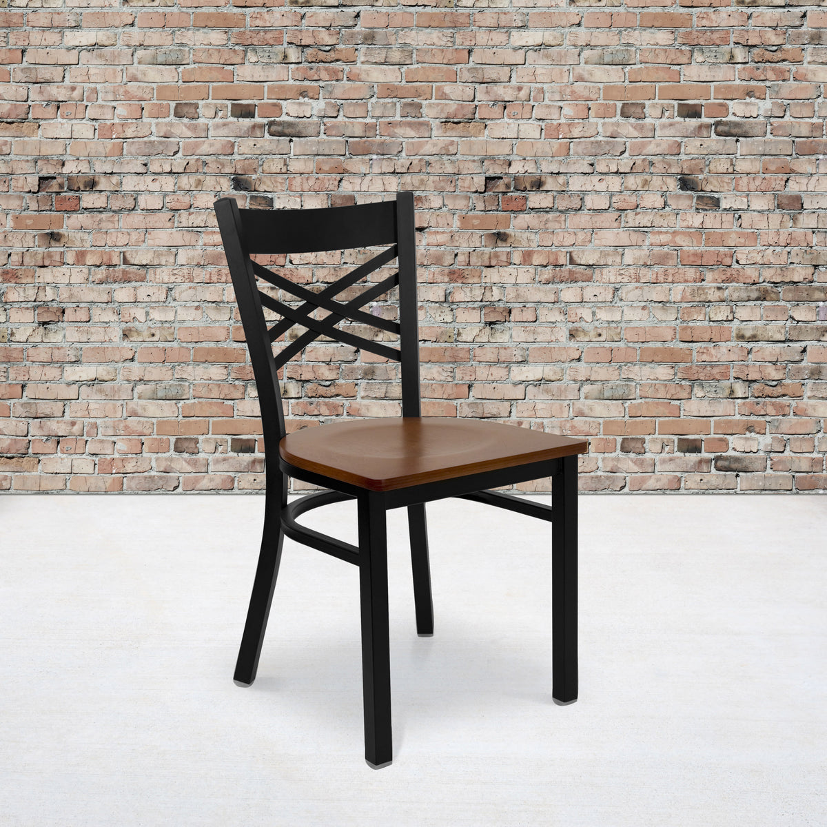 Cherry Wood Seat/Black Metal Frame |#| Black "X" Back Metal Restaurant Chair - Cherry Wood Seat