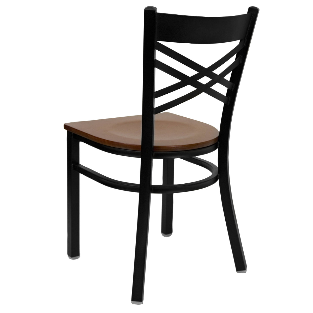 Cherry Wood Seat/Black Metal Frame |#| Black "X" Back Metal Restaurant Chair - Cherry Wood Seat