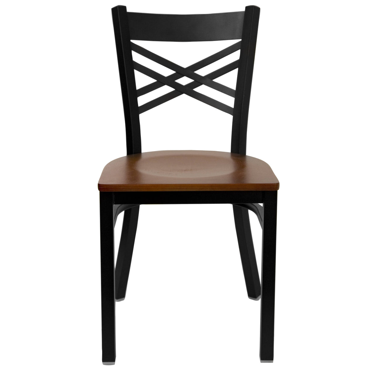 Cherry Wood Seat/Black Metal Frame |#| Black "X" Back Metal Restaurant Chair - Cherry Wood Seat