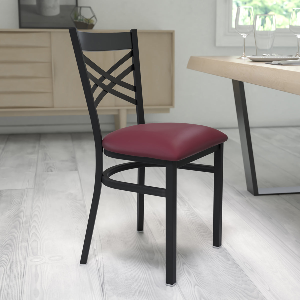 Burgundy Vinyl Seat/Black Metal Frame |#| Black "X" Back Metal Restaurant Chair - Burgundy Vinyl Seat